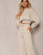  Set de bumbac Bej Bluză scurtă cu bordură elastică și Pantaloni largi cu șnur în talie Rionnea