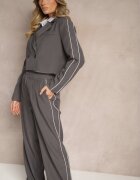  Set de Costum Gri cu Bandă Laterală Sacou Scurt și Pantaloni Largi cu Pense Lorenda