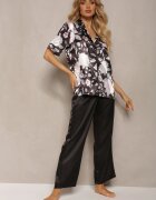  Set de Pijamale Negru din Material Satinat Cămașă cu Mânecă Scurtă și Pantaloni Lungi Eneserea