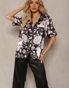  Set de Pijamale Negru din Material Satinat Cămașă cu Mânecă Scurtă și Pantaloni Lungi Eneserea