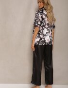  Set de Pijamale Negru din Material Satinat Cămașă cu Mânecă Scurtă și Pantaloni Lungi Eneserea