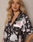  Set de Pijamale Negru din Material Satinat Cămașă cu Mânecă Scurtă și Pantaloni Lungi Eneserea