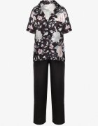  Set de Pijamale Negru din Material Satinat Cămașă cu Mânecă Scurtă și Pantaloni Lungi Eneserea