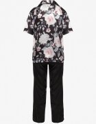  Set de Pijamale Negru din Material Satinat Cămașă cu Mânecă Scurtă și Pantaloni Lungi Eneserea
