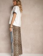  Set de Trening Alb din Bumbac cu Pantaloni și Bluză cu Imprimeu Leopard și Lampasuri Eltebira