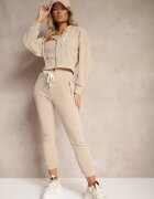  Set de trening bej închis cu adaos de bumbac pantaloni cu elastic în talie bluză cu glugă Sesaria