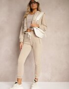  Set de trening bej închis cu adaos de bumbac pantaloni cu elastic în talie bluză cu glugă Sesaria