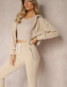  Set de trening bej închis cu adaos de bumbac pantaloni cu elastic în talie bluză cu glugă Sesaria