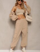  Set de Trening Bej Pantaloni Cargo cu Elastic în Talie și Bluză cu Fermoar cu Tiv Elastic la Bază Tiazena