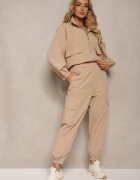  Set de Trening Bej Pantaloni Cargo cu Elastic în Talie și Bluză cu Fermoar cu Tiv Elastic la Bază Tiazena