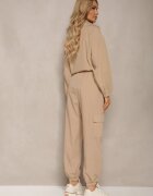  Set de Trening Bej Pantaloni Cargo cu Elastic în Talie și Bluză cu Fermoar cu Tiv Elastic la Bază Tiazena