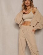  Set de Trening Bej Pantaloni Cargo cu Elastic în Talie și Bluză cu Fermoar cu Tiv Elastic la Bază Tiazena