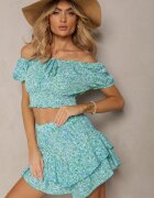  Set de vară Albastru cu Flori Mici cu Fustă-Pantaloni scurți și Bluză cu umeri goi Oceannia