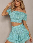  Set de vară Albastru cu Flori Mici cu Fustă-Pantaloni scurți și Bluză cu umeri goi Oceannia