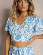  Set de vară Albastru de bumbac Pantaloni cu elastic în talie și Bluză scurtă Pavilia