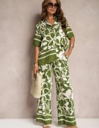  Set de Vară Verde-Bej Cămașă Largă cu Mânecă Scurtă și Pantaloni Largi cu Elastic în Talie Vikiimina