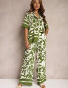  Set de Vară Verde-Bej Cămașă Largă cu Mânecă Scurtă și Pantaloni Largi cu Elastic în Talie Vikiimina