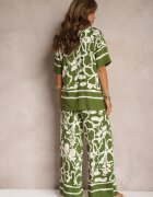  Set de Vară Verde-Bej Cămașă Largă cu Mânecă Scurtă și Pantaloni Largi cu Elastic în Talie Vikiimina