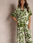 Set de Vară Verde-Bej Cămașă Largă cu Mânecă Scurtă și Pantaloni Largi cu Elastic în Talie Vikiimina