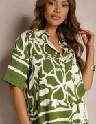  Set de Vară Verde-Bej Cămașă Largă cu Mânecă Scurtă și Pantaloni Largi cu Elastic în Talie Vikiimina
