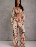  Set din 2 piese bej Bluză cu mânecă lungă Pantaloni largi cu elastic în talie cu imprimeu floral Calaq