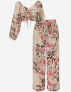  Set din 2 piese bej Bluză cu mânecă lungă Pantaloni largi cu elastic în talie cu imprimeu floral Calaq