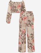  Set din 2 piese bej Bluză cu mânecă lungă Pantaloni largi cu elastic în talie cu imprimeu floral Calaq