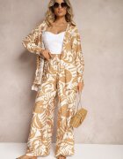  Set Din 2 piese Bej din Viscoză Cămașă cu mânecă lungă și Pantaloni largi Yiseria