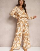  Set Din 2 piese Bej din Viscoză Cămașă cu mânecă lungă și Pantaloni largi Yiseria