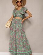  Set din 2 piese de viscoză Verde cu imprimeu Paisley Fustă lungă și Top petrecut Aeodosia