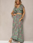  Set din 2 piese de viscoză Verde cu imprimeu Paisley Fustă lungă și Top petrecut Aeodosia