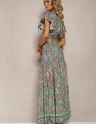  Set din 2 piese de viscoză Verde cu imprimeu Paisley Fustă lungă și Top petrecut Aeodosia