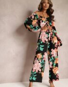  Set din 2 piese negru Bluză cu mâneci lungi Pantaloni largi cu elastic în talie floral Calaq