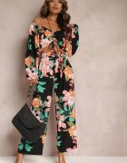  Set din 2 piese negru Bluză cu mâneci lungi Pantaloni largi cu elastic în talie floral Calaq
