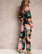  Set din 2 piese negru Bluză cu mâneci lungi Pantaloni largi cu elastic în talie floral Calaq