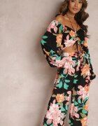 Set din 2 piese negru Bluză cu mâneci lungi Pantaloni largi cu elastic în talie floral Calaq