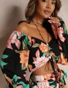  Set din 2 piese negru Bluză cu mâneci lungi Pantaloni largi cu elastic în talie floral Calaq