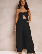  Set din 2 piese Negru Top lung și Pantaloni cu elastic în talie și picioare largi Bincina