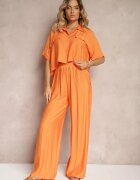  Set Din 2 Piese Portocaliu din Viscoză Cămașă Croială Largă Pantaloni Largi Velvitela