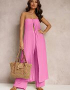  Set din 2 piese Roz Top lung și Pantaloni cu elastic în talie și picior larg Bincina