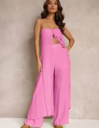  Set din 2 piese Roz Top lung și Pantaloni cu elastic în talie și picior larg Bincina