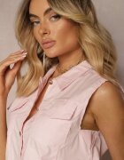  Set din bumbac roz deschis Bluză tip cămașă cu nasturi și Pantaloni scurți cu croială lejeră și elastic în talie Nestasue