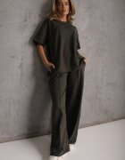  Set din Bumbac Verde închis Pantaloni drepți largi cu Elastic în Talie Bluză cu Decupaje Vimarases