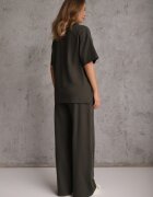  Set din Bumbac Verde închis Pantaloni drepți largi cu Elastic în Talie Bluză cu Decupaje Vimarases