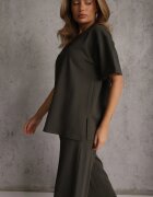  Set din Bumbac Verde închis Pantaloni drepți largi cu Elastic în Talie Bluză cu Decupaje Vimarases