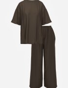  Set din Bumbac Verde închis Pantaloni drepți largi cu Elastic în Talie Bluză cu Decupaje Vimarases