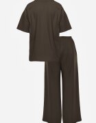  Set din Bumbac Verde închis Pantaloni drepți largi cu Elastic în Talie Bluză cu Decupaje Vimarases