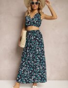  Set din două piese Bleumarin-Verde Top fără mâneci Fustă cu elastic în talie cu flori Dimanisa