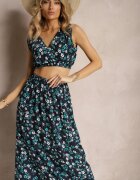  Set din două piese Bleumarin-Verde Top fără mâneci Fustă cu elastic în talie cu flori Dimanisa