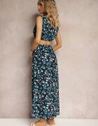  Set din două piese Bleumarin-Verde Top fără mâneci Fustă cu elastic în talie cu flori Dimanisa